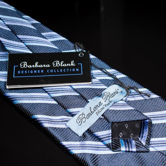 NWT Barbara Blank 100% Silk Tie Navy Blue Purple Multitrack Stripes USA - Picture 3 of 5